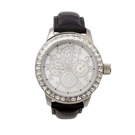 OXETTE CRYSTALS STAINLESS STEEL BLACK LEATHER STRAP