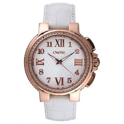 OXETTE CRYSTALS ROSE GOLD WHITE LEATHER STRAP