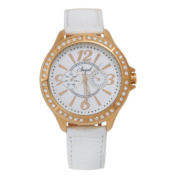 ANGEL CRYSTALS GOLD STAINLESS STEEL WHITE LEATHER STRAP