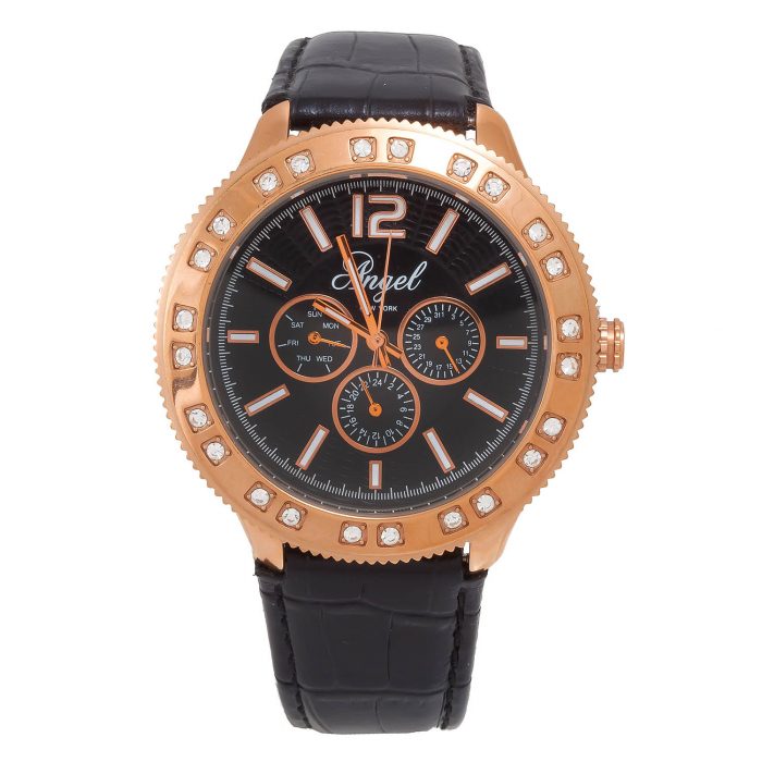 ANGEL CRYSTALS ROSE GOLD STAINLESS STEEL BLACK LEATHER STRAP