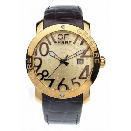 GF FERRE GOLD STAINLESS STEEL CASE BROWN LEATHER STRAP