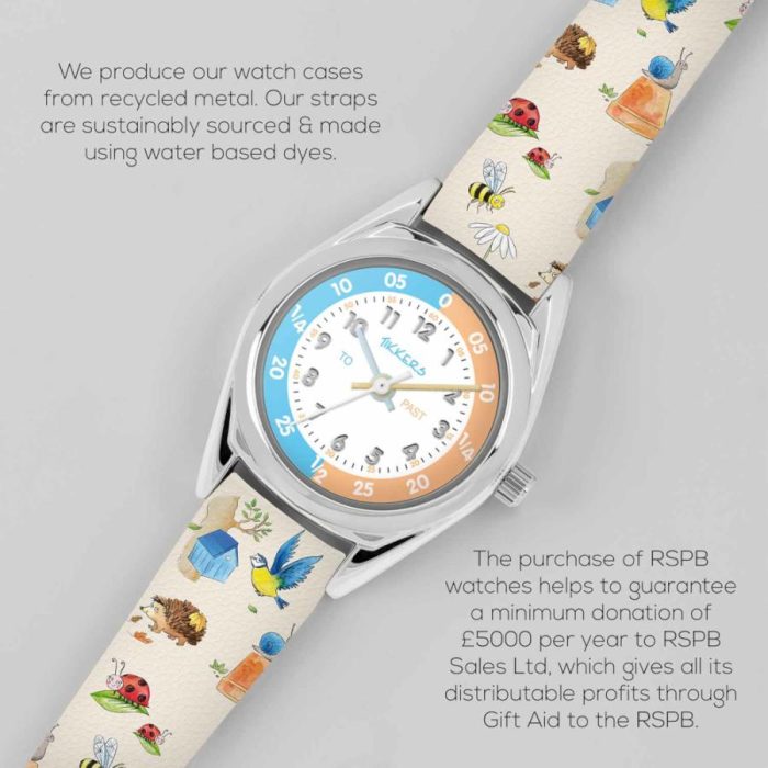 Tikkers RSPB Wild Things White Printed Leather Strap TKRSPB06