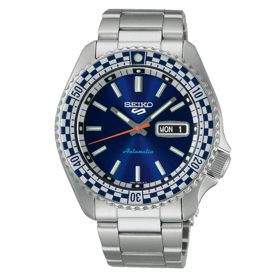 Seiko 5 Sports Petrol Blue 'Checker Flag' Automatic Special Edition Silver Stainless Steel Bracelet SRPK65K1F